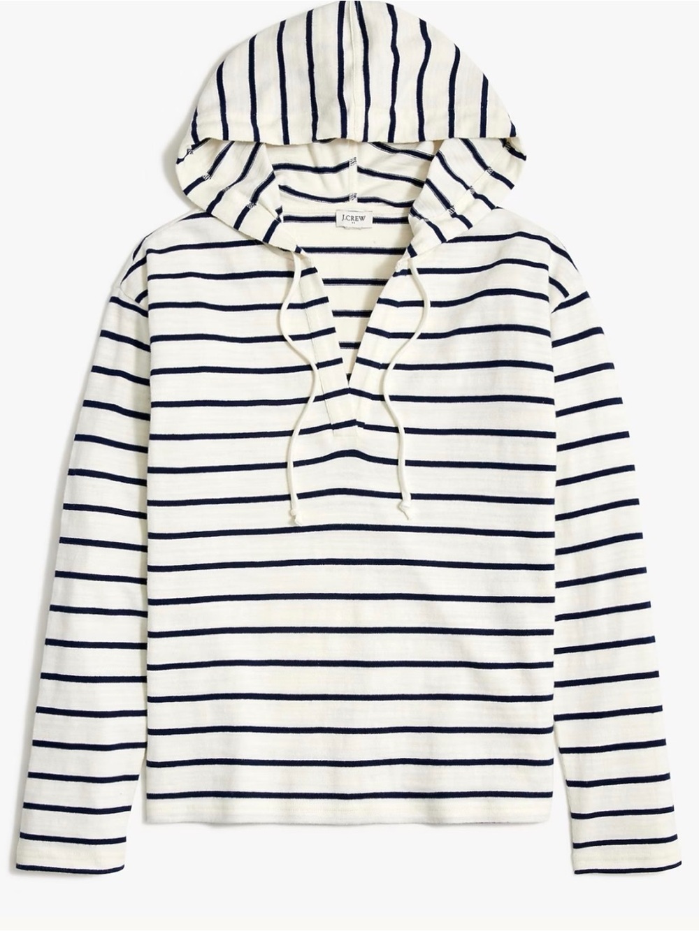 J. Crew White and Navy Striped V-Neck Beach Hoodie Pullover Top, Size Medium.